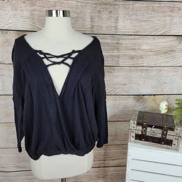 Free People‎ Women's Crisscross V-neck Dolman Long Sleeves Top Black Size Small - Picture 1 of 7